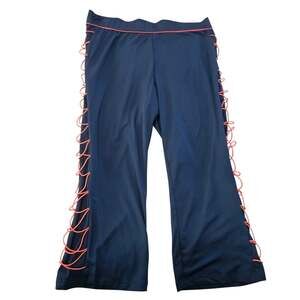 ASHRO Womens XL Navy Blue Capri Pants Coral Lace Up Sides Cropped Activewear